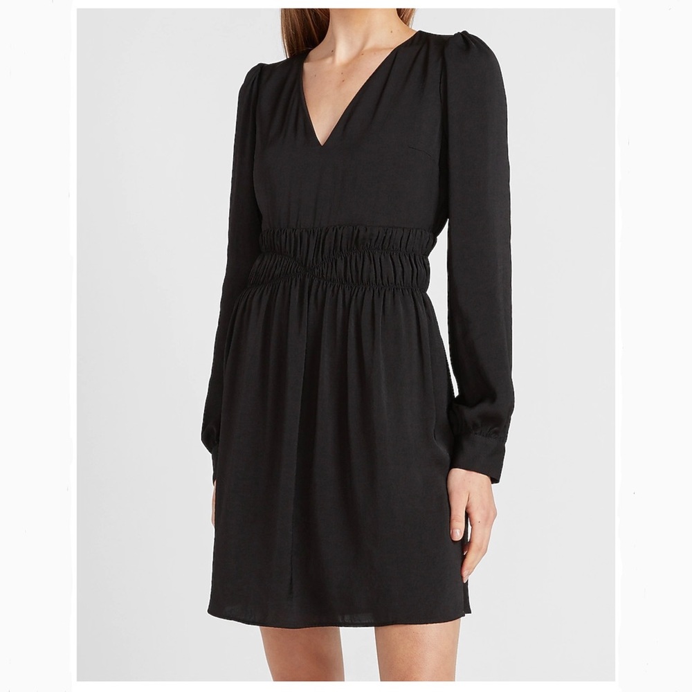 Express Satin Smocked Waist Long Sleeve Dress